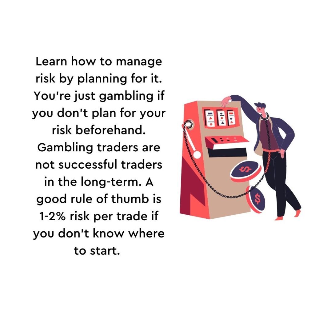 to reiterate that you manage your forex trading risk by planning for it. If you don't you're a gambling trader.